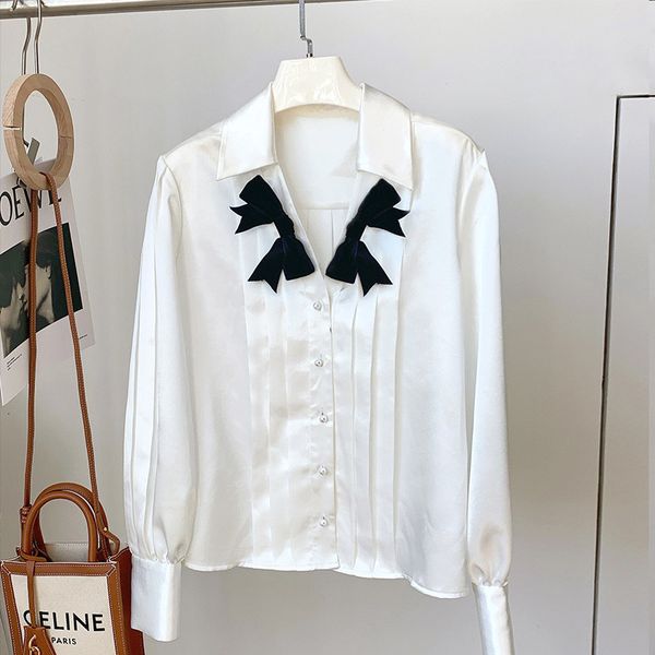 

sweaters 2021 New Spring Loose Satin Blouses Office Lady Bows Button Up Solid White Shirt Women Long Sleeve Tops Blusas Mujer