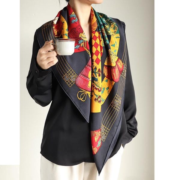 

scarves vintage prints 100% silk scarf women grade shawl foulard wraps with sand washing 35"x35", Blue;gray
