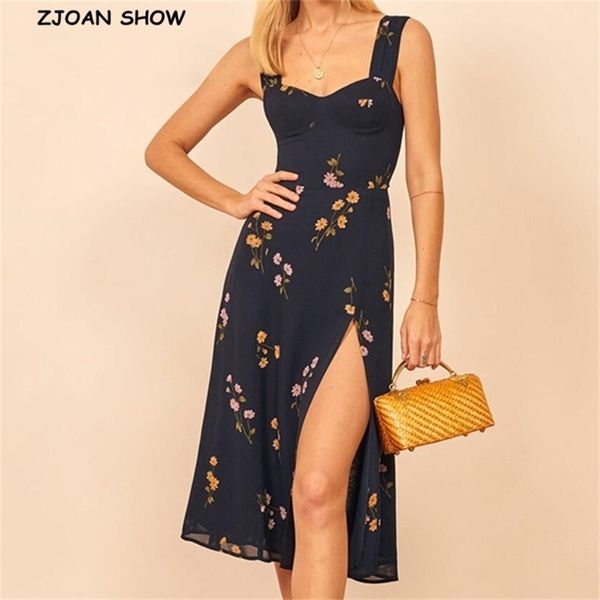 

vintage france style navy floral print strap ruffles hem midi dress retro women slit elastic slim sling tea 210429, Black;gray
