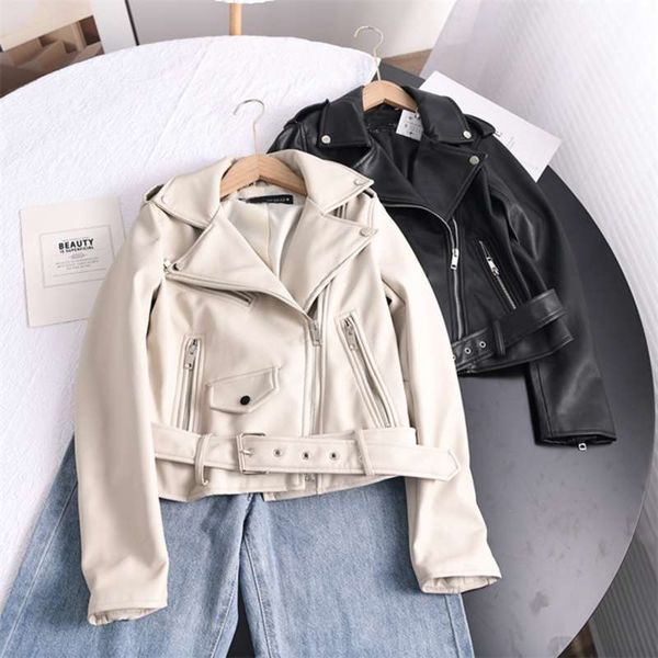 

ailegogo spring autumn soft faux leather short jacket with belt women lapel pu coat black zipper moto biker outwear 210927