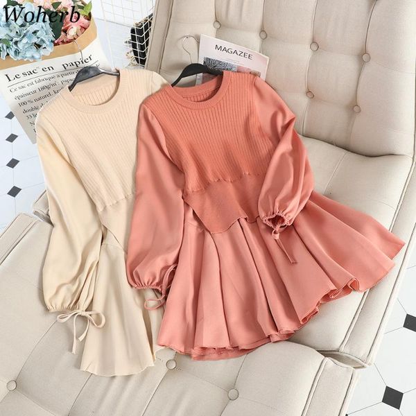 

casual dresses woherb fake two knitwear dress women korean patchwork ruffles knitted vestidos o-neck slim fit robe sweet pleated 4e965, Black;gray