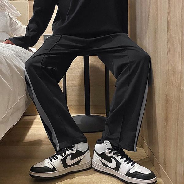 

men's pants loose straight elastic waist striped sports casual bottoms fashion trousers, Black