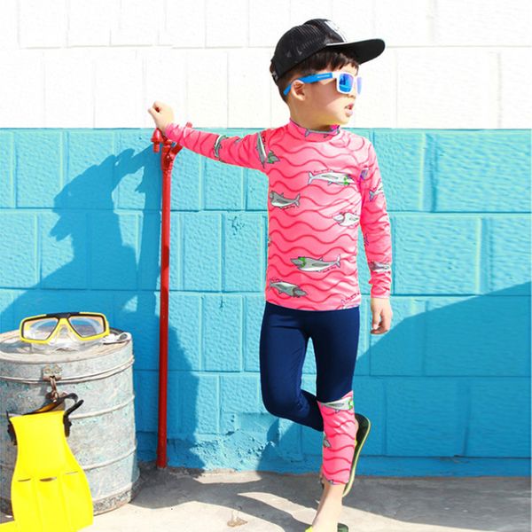 

south korean children' swimsuit boys' middle school children' long sleeve trousers split sunscreen quick drying student lar, Red;black