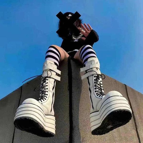 

boots 2021 female booties wedges round toe zip solid super high heel bukle med platform lady shoes women, Black