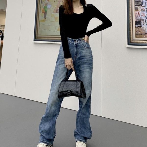 

women's jeans women high waist loose metal chain decoration, Blue