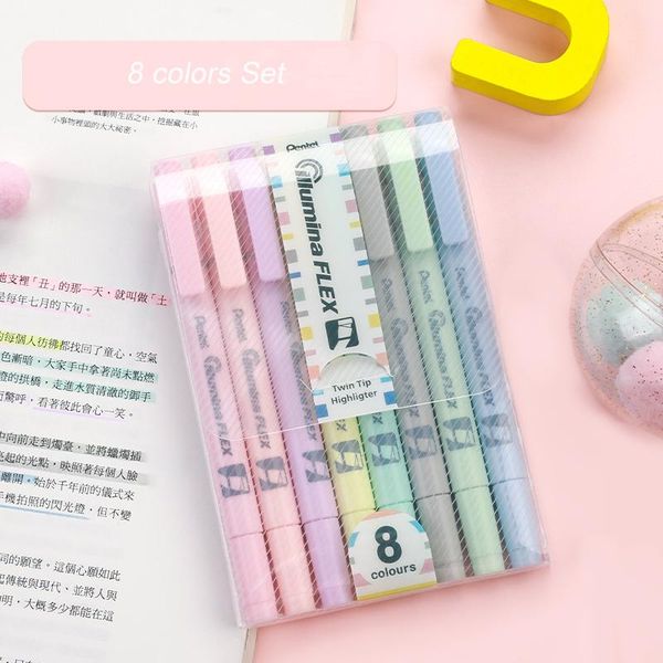 

highlighters japan pentel slw11p set macaron 8 colors double-nib highlighter pen marker soft-tip school supplies, Black;red