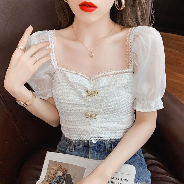 

women's blouses & shirts 2021 women summer casual chiffon blouse ladies bow puff sleeve square collar mesh patchwork female vintage top, White