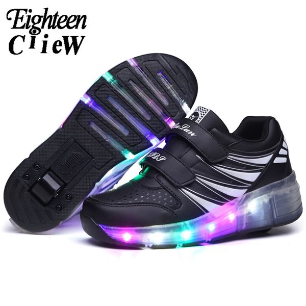 

size 28-40 kids led shoes glowing sneakers with roller for boys luminous sneakers with backlight one wheel roller skate shoes 211022, Black