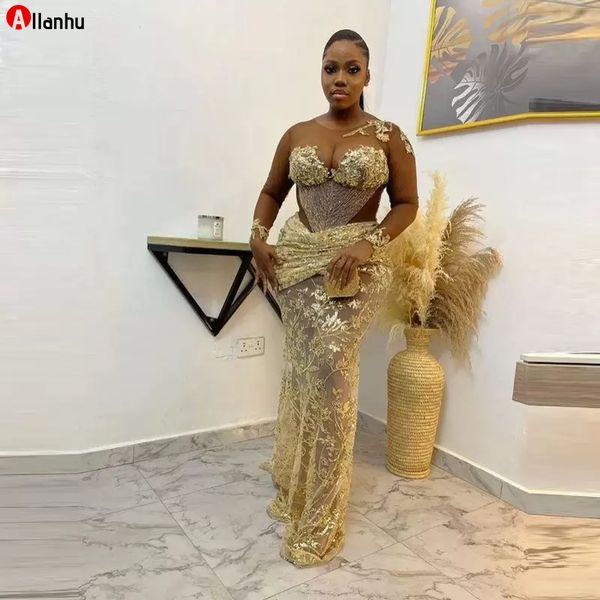 Africano Aso Ebi Abiti da ballo in pizzo oro sexy con collo trasparente Illusion Maniche lunghe Plus Size Perline Appliques Abiti da sera convenzionali 5s4