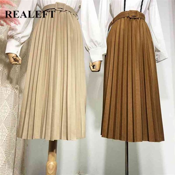 

realeft spring summer high waist women skirt solid 17 colors pleated skirts with belt elegant mi-long skirts female 210721, Black
