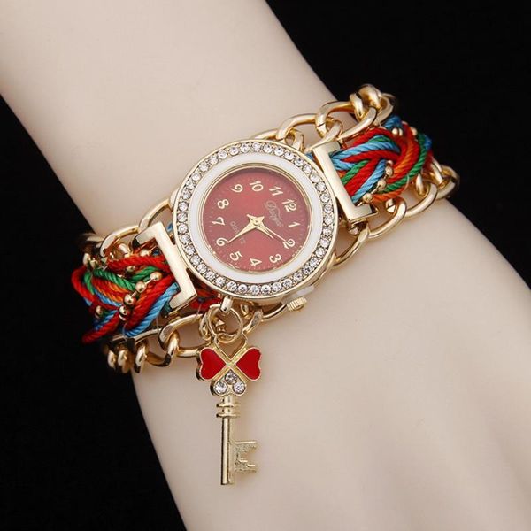 

vintage ethnic style ladies chain woven watch key pendant diamond wristwatch women wristwatches, Slivery;brown