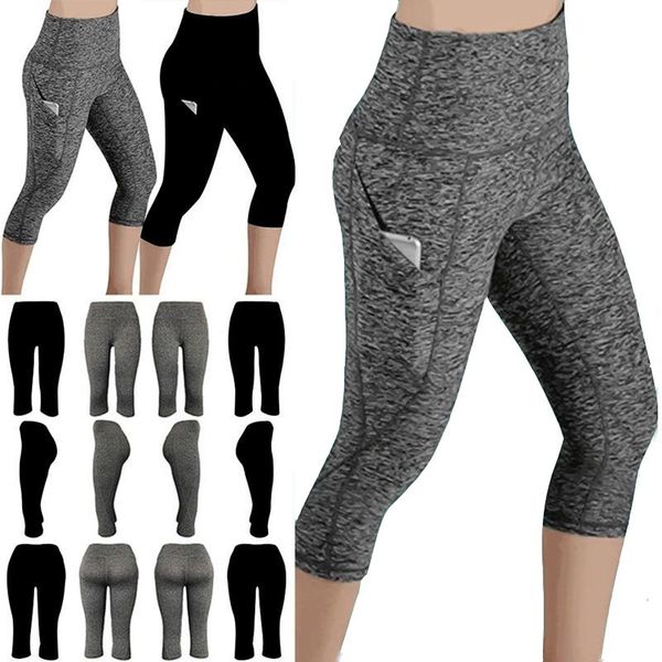 

leggings 3/4 pants female capri casual pant sporting fitness high waist side pockets design women's, Black
