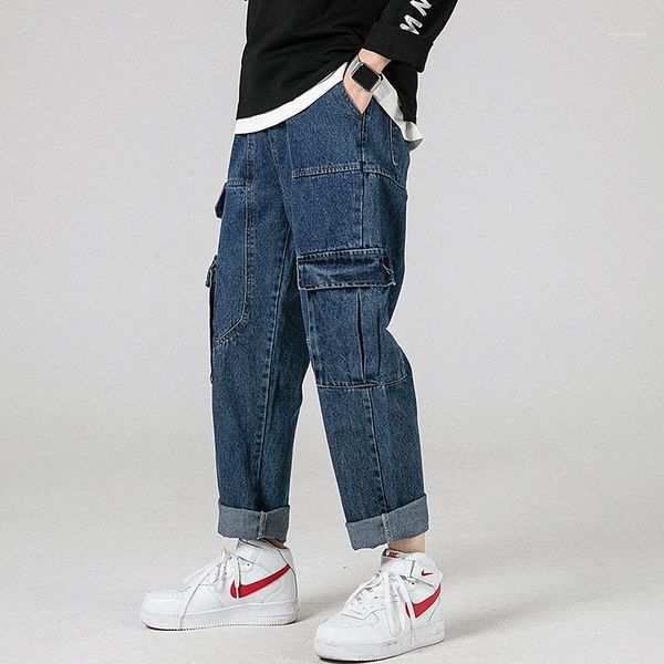 

men's pants brand design men denim trousers loose straight with big pocket jeans hip wide legged, Black