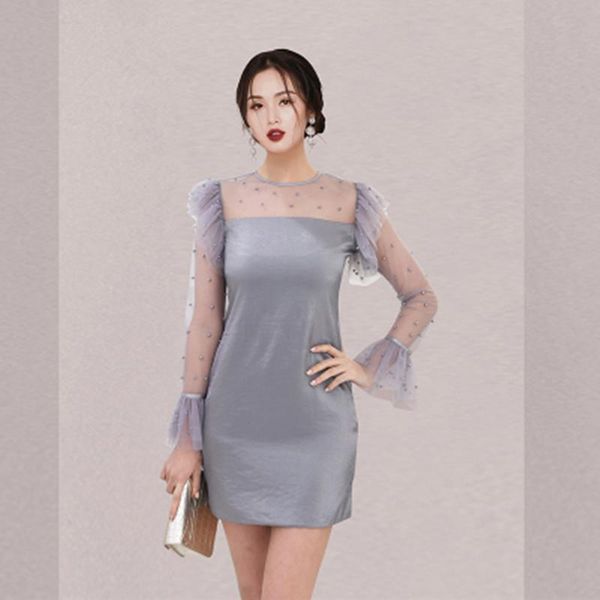 

spring women mesh splicing beaded flared sleeves dress korean o-neck sweet ruffle lady party short casual dresses, Black;gray