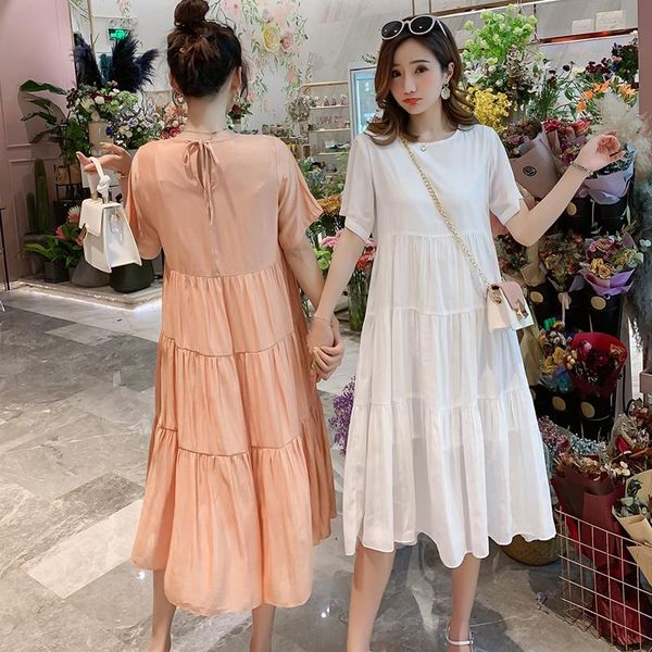 

658# maternity dress spring autumn short sleeve easy matching loose stylish pregnant women mom dresses, White