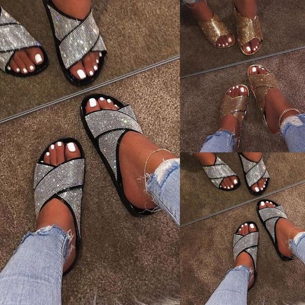 

slippers summer slides diamond women outdoor beach shoes fashion brand slip-on woman female flat sandals d4, Black