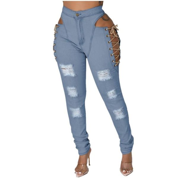 

women's jeans fashion women skinny pants eyelet lace up female trousers streetwear bottoms ripped denim pencil, Blue