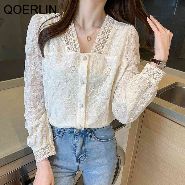 

qoerlin s-2xl chic elegant v-neck lantern sleeve shirt blouse women korean sweet plus size apricot hollow out blusa mujer 210416, White