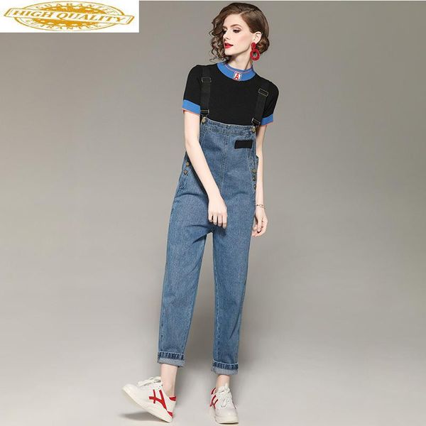 

two piece dress set and pants women clothes 2021 korean elegant knit short sleeve t-shirt + strap jeans 2 zt2088, White