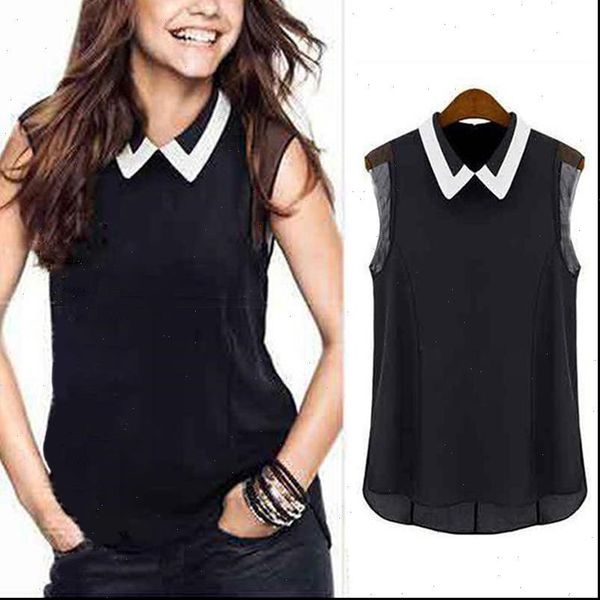

womens shirt elegant female chiffon women thin shirts summer turn down collar sleeveless loose patchwork office lady blouse, White