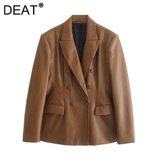 

women's leather & faux [deat] 2021 autumn fashion tide coat long sleeve turn-down collar double breasted loose pu jacket women 13z1854, Black