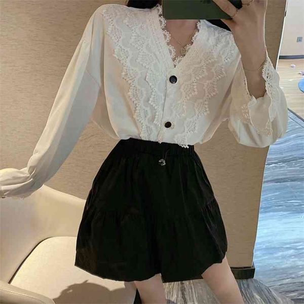 

cute sweet all-match ins two piece set women lace blouse shirt + girl high waist a-line mini skirt suits ensemble femme 210514, White