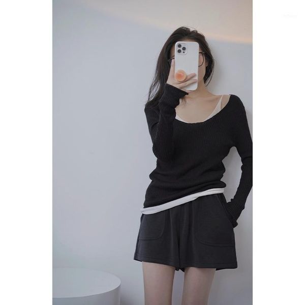 

women's wool & blends autumn 2021 style temperament leisure exposed collarbone fake two piece pullover sweater thin trumpet sleeve, Black