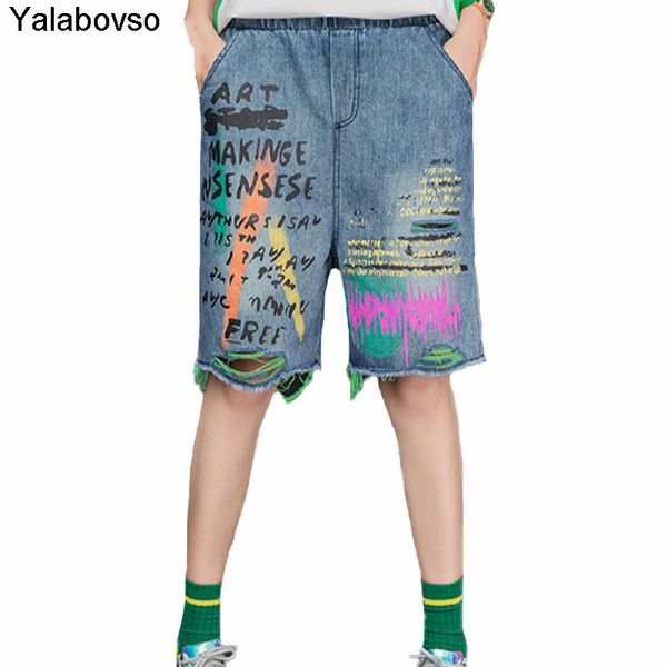 

women's jeans printed holes elastic knee lenght pants summer korean fashion ladies punk styles denim trousers womens casual ripped, Blue