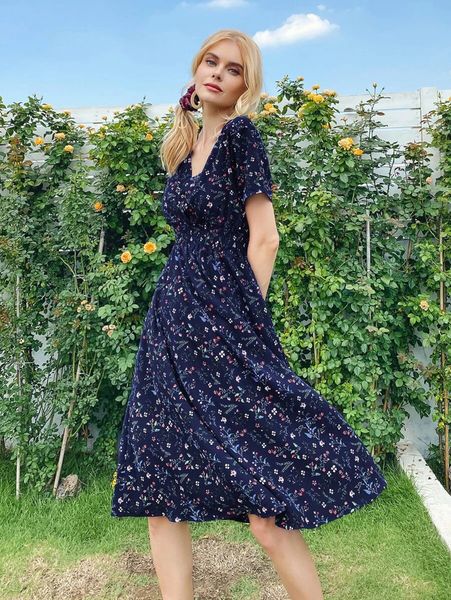 

women summer white floral print short-sleeved dress vintage dress v-neck elegant fashion knee-length chiffo a-line dresses, Black;gray