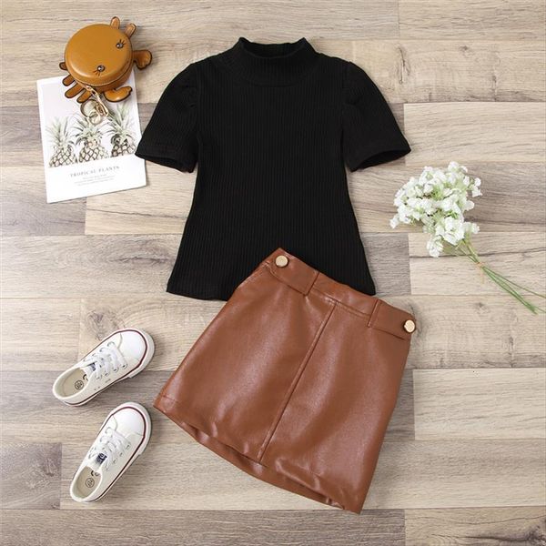 

fashion kids baby girls 2 piece outfit set short puff sleeve leather skirt for children 7years, White