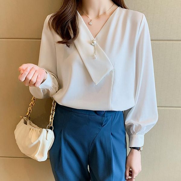 

women's blouses & shirts 2021 autumn fashion satin shirt v-neck solid chiffon blouse women pearl button up puff sleeve elegant ol ladie, White