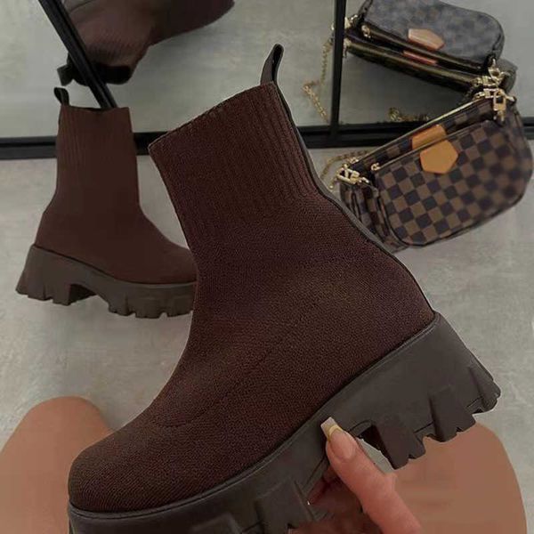 Mulheres Plataforma Sock Botas 2021 Verão Outono Senhoras Respirável Curto tornozelo Feminino Meados Saltos Mulheres Comfort Shoes Plus Size Y0910