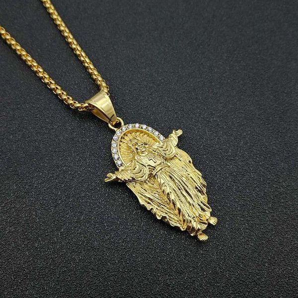 

pendant necklaces hip hop iced out jesus crucifix necklace gold color stainless steel chain bling cz for men's jewelry gift drop, Silver