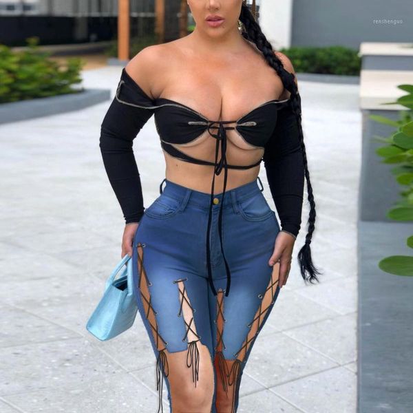 

women's pants & capris button high waist slim short front long back femme hole lace up jeans skinny trousers denim #t3g, Black;white