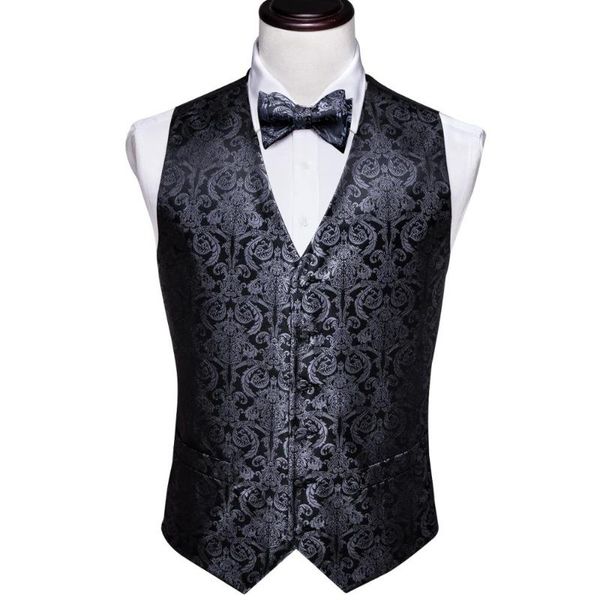 

men's vests men silk suit vest black paisley waistcoat bowtie handkerchief cufflinks set wedding gift business barry.wang designer ml-2, Black;white