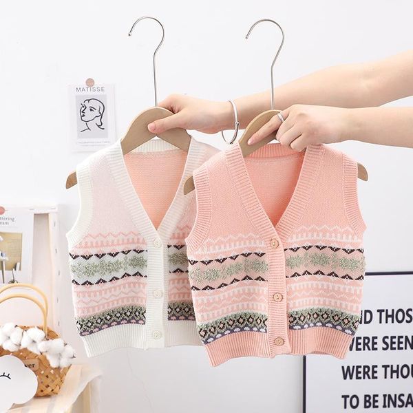 

pullover spring autumn children girls wave line striped sleeveless v neck sweater cardigans kids casual cute vest waistcoat, Blue