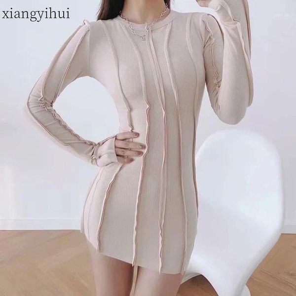 

fashion spring wave striped round collar elastic slim fit long sleeve dress women skinny package hip asymmetrical dresses casual, Black;gray