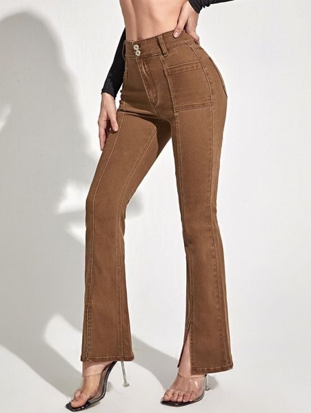 

high waist split hem flare leg jeans 4737#, Blue