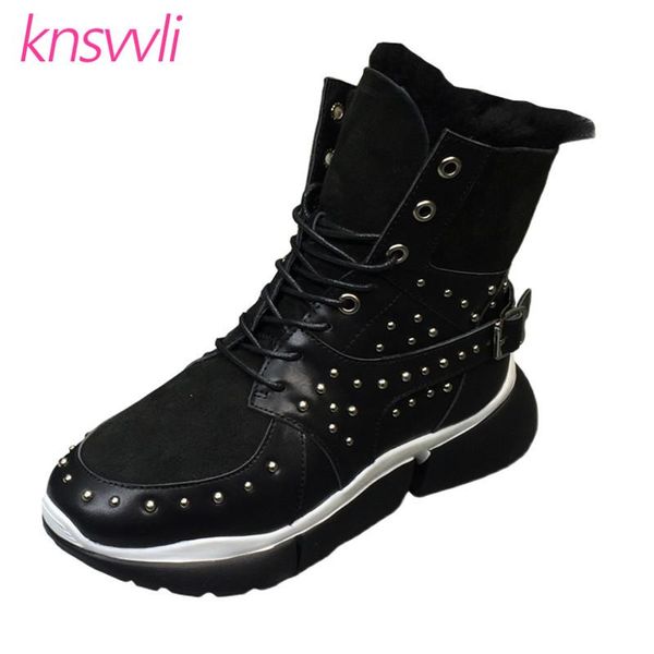 

boots winter women fur snow sheep wool warm designer short woman thick sole platform shoes rivets ankle, Black