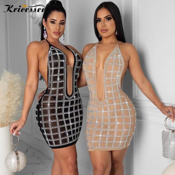 

casual dresses kricesseen diamonds sheer halter mini dress women drilling backless bodycon birthday perspective clubwear vestidos, Black;gray
