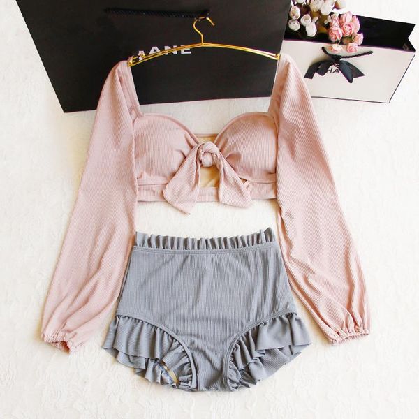 

two pieces swimsuit summer women high waist bikini set lovely girl long sleeve sunscreen swimwear beach seaside one-piece suits