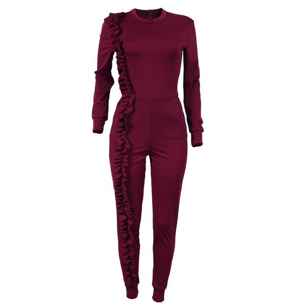 

women's jumpsuits & rompers fashion ruffles casual jumpsuit solid round neck long sleeve slim 2021 spring autumn one piece pants overal, Black;white