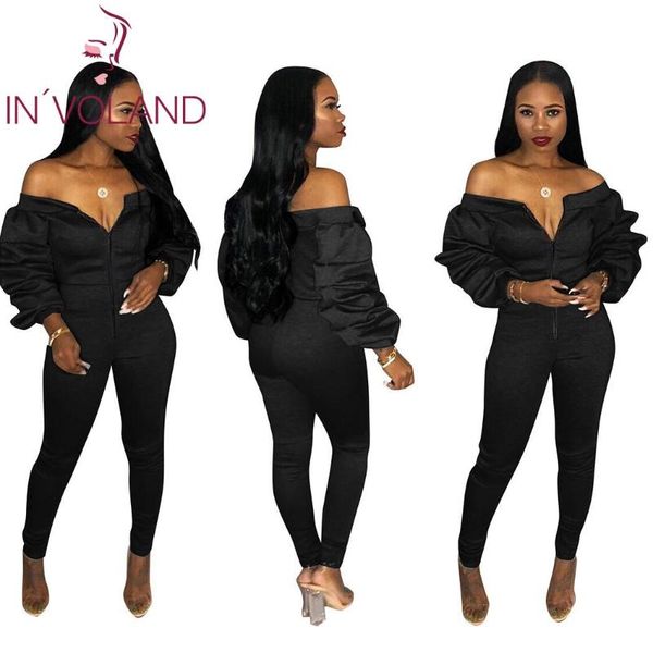 

women's jumpsuits & rompers women fashion jumpsuit solid color off shoulder casual zipper puff sleeve elastic slim thick, Black;white