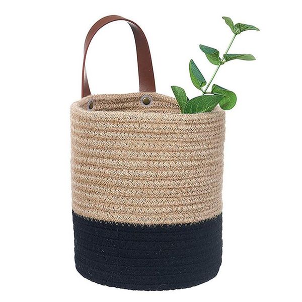 

storage baskets wall mounted woven hanging basket with leather handle, shelf organizer for plants home decor-abux