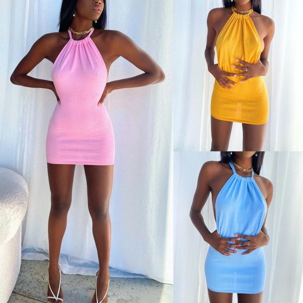 

casual dresses women summer dress 2021 solid color lace-up halter neck sleeveless backless tight for lady pink/yellow/blue, Black;gray