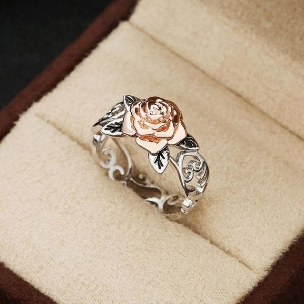 

wedding rings vintage rose flower leaf finger romantic for women silver color zircon crystal ring glamour jewelry girl gift 330, Slivery;golden