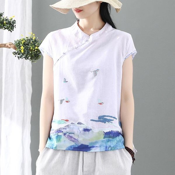 

ethnic clothing women white print tang short sleeve shirts vinatge chinese suit mandarin collar shirt female casual, Red
