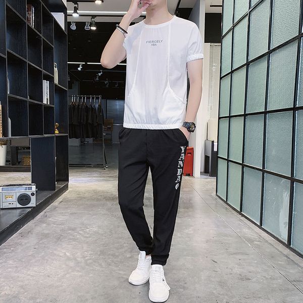 

letter printed men's casual suit with short sleeves and trousers comfortable cool fashionable fit daily travel street style, Gray