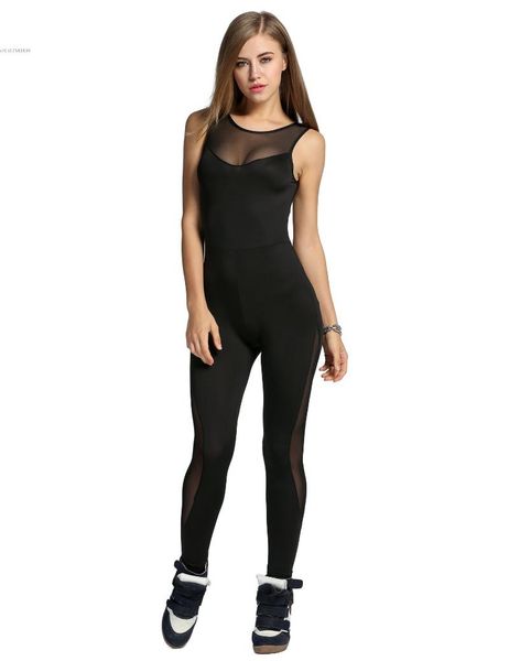 

women's jumpsuits & rompers fashion gym fitness jumpsuit women elasticity mesh patchwork bodycon back cut out sport slim overalls, Black;white