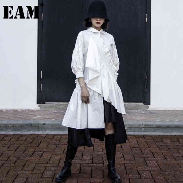 

[eam] women irregular ruffles pleated shirt dress lapel three quarter sleeve loose fashion spring summer 1dd8476 21512, Black;gray